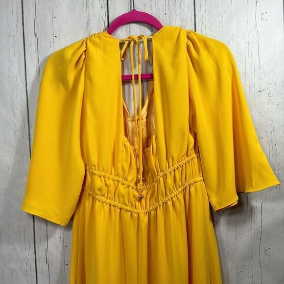 Trina Turk Yellow Empire Waist Midi Dress V Neck Balloon Sleeve Size 6 Retro - Picture 10 of 16